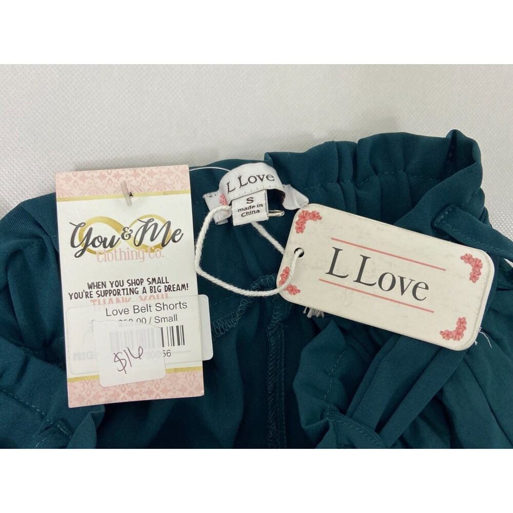 L Love Women Small Green Shorts Tie Waist Scalloped Hem Lightweight Casual - Picture 3 of 6